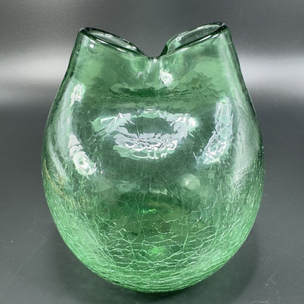 Green Crackle Glass Pinched Ivy Vase Hand Blown Glass Vase Hand Made Glassware